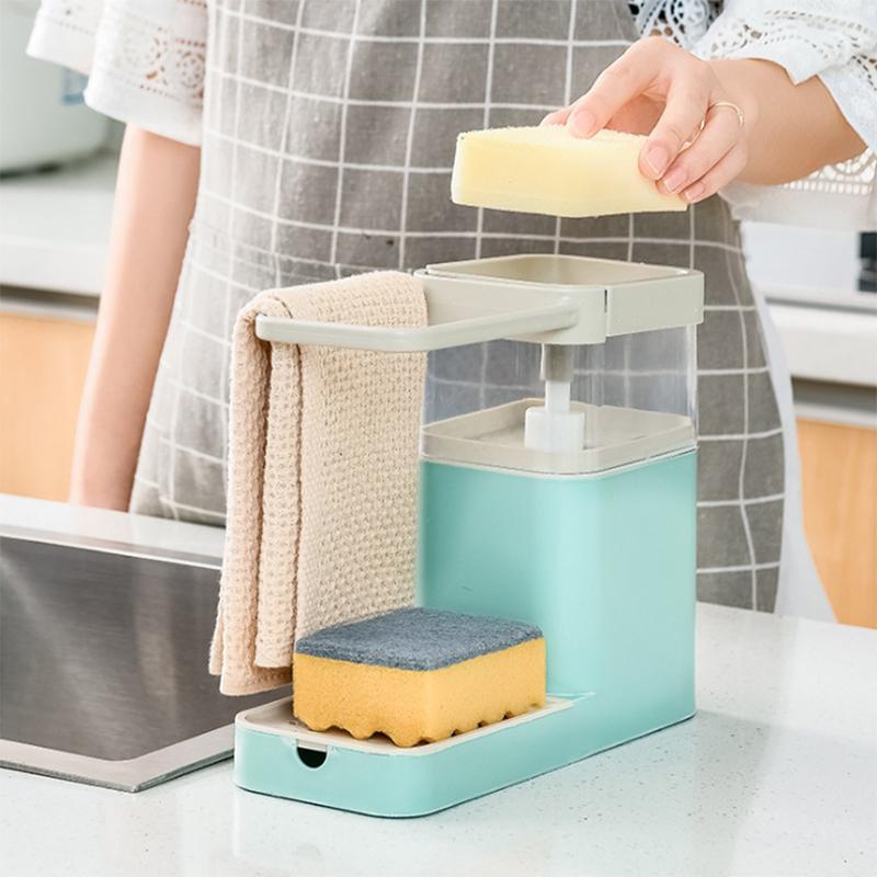 

4 Color Soap Dispenser with Sponge Manual Press Liquid Dispenser Soap Pump Storage Container For Kitchen Box Cleaning Tools