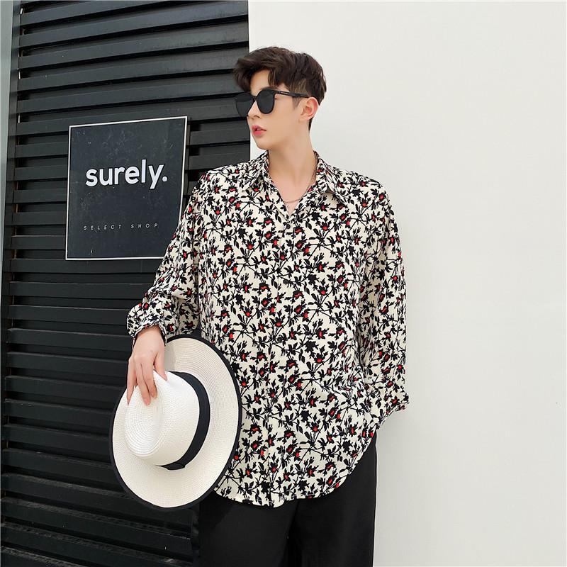 

Male Streetstyle Retro Pattern Loose Dress Shirt Beach Shirt Men Fashion Print Casual Long Sleeve Shirts, C82