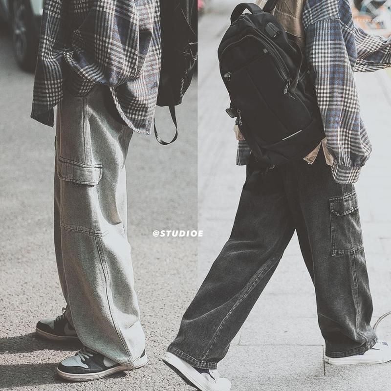 

Men's Jeans Vintage Cargo Pants Winter Big Pockets Retro Men Loose Streetwear Trousers Hip Hop Youth Casual Clothing, Black