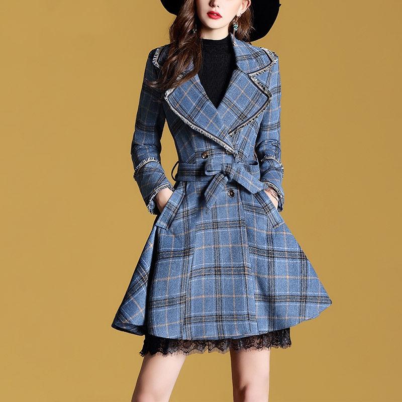 

Woman Blue Plaid Woolen Coat Slim Belt Jacket