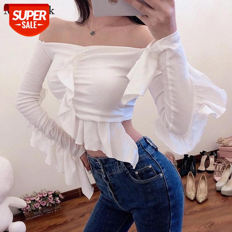 

Short Ruffled Slash Neck Sexy Corset Top Blouses Long Sleeve White Blouse Femme New Cotton Casual Solid Shirts Tops Female 12575 #U40z