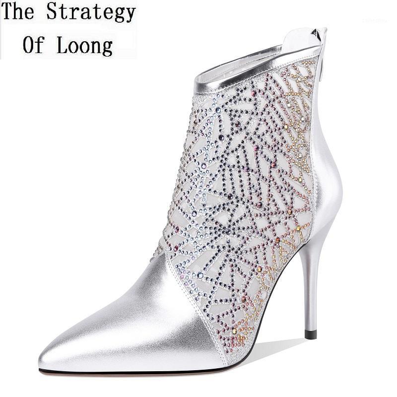 

Spring Autumn Bling Women Genuine Leather Crystal Sexy Ankle Equestrian Boots Ladies Pointed Toe Super High Heels Shoes 2001031, Silver