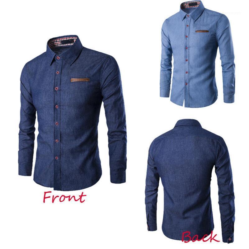 

New Stylish Men's Fashion Casual Business Long Sleeve Turn-down Collar Formal Shirt Solid Color Denim Button Shirts1, Blue