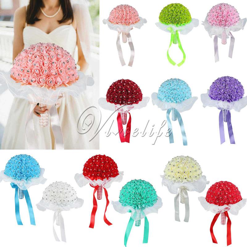 

Artificial Rose Flower Posy Colorful Satin Rhinestone Peals White Lace Wedding Bouquet Bridal Bridesmaid Bridal Bouquet Decor