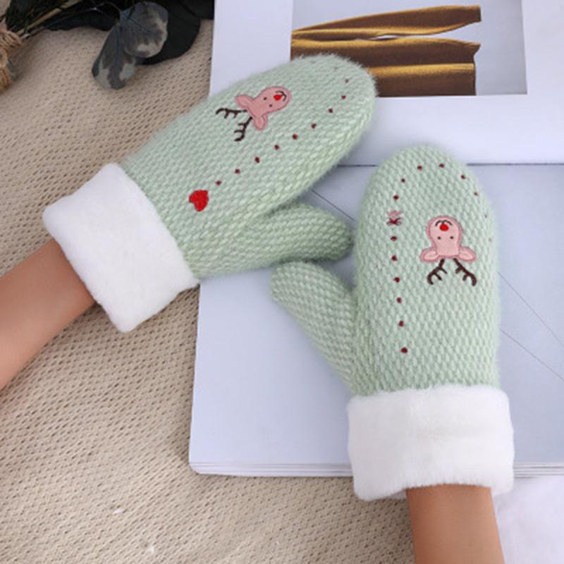 

Women's Winter Double Thicken Velvet Wool Knit Warm Gloves Cute Cartoon Elk Embroidered Cashmere Cycling Driving Mittens L20