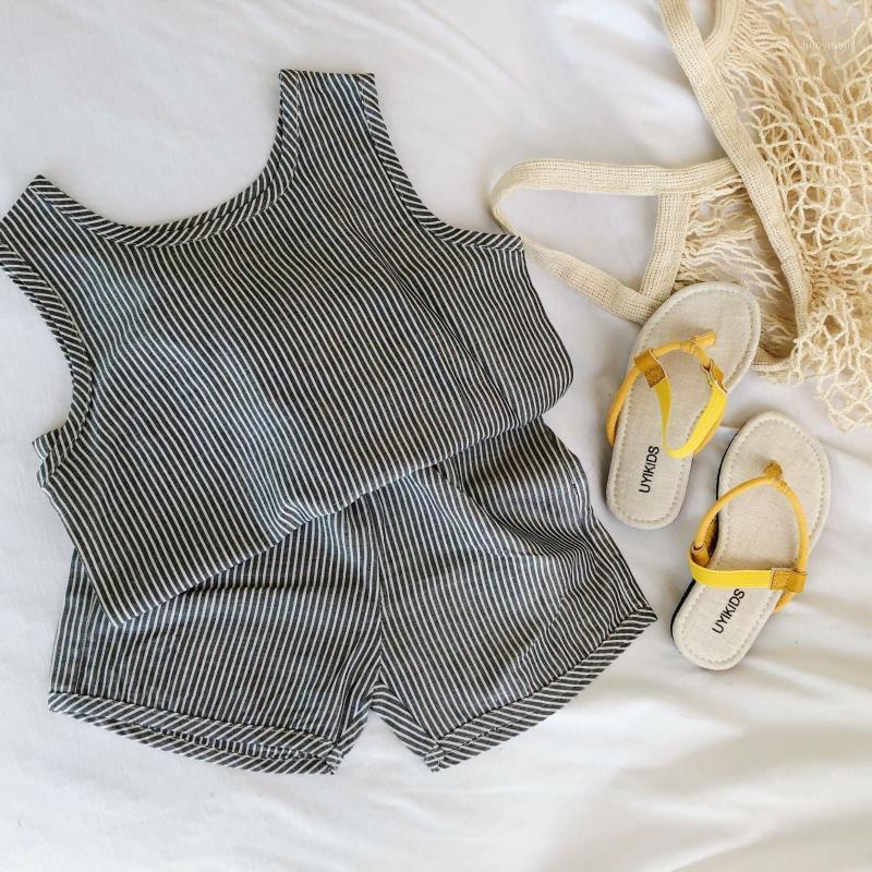 

Korean style cotton linen striped clothes sets for children Summer boys girls sleeveless vest and shorts1, Gray