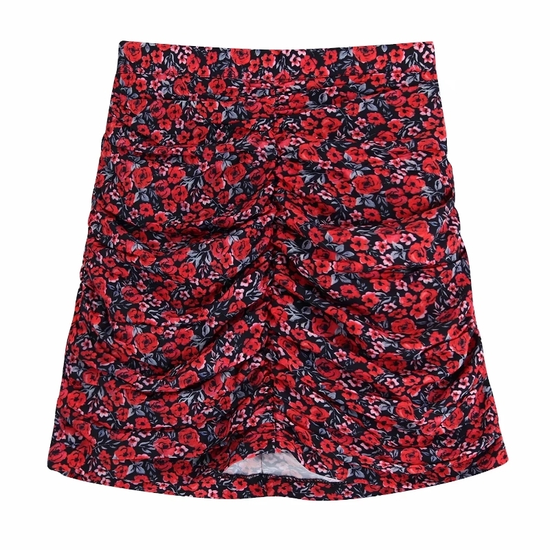

Women high street red floral print pleated casual slim mini skirt faldas mujer ladies side zipper chic brand skirts QUN500 Y200326, As pic qun500bb