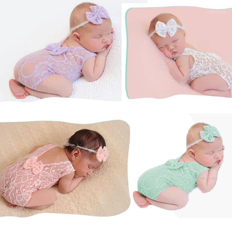 

Newborn Baby Girl Boy Lace Floral Bodysuits+ Bow Headband Baby Photo Photography Props Costume Lace Stretch Clothes Outfit1, Beige