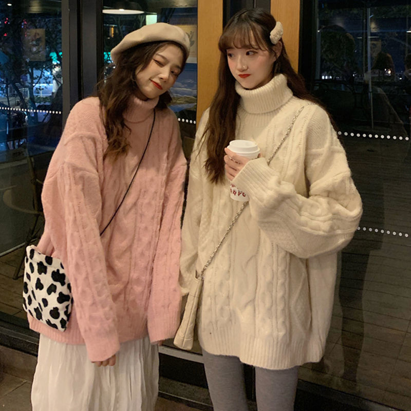 

2021 Female Sweater Autumn and New Winter Thickened Lazy Torsion Loose Style Top Mesh Turtleneck A0JW, Pink