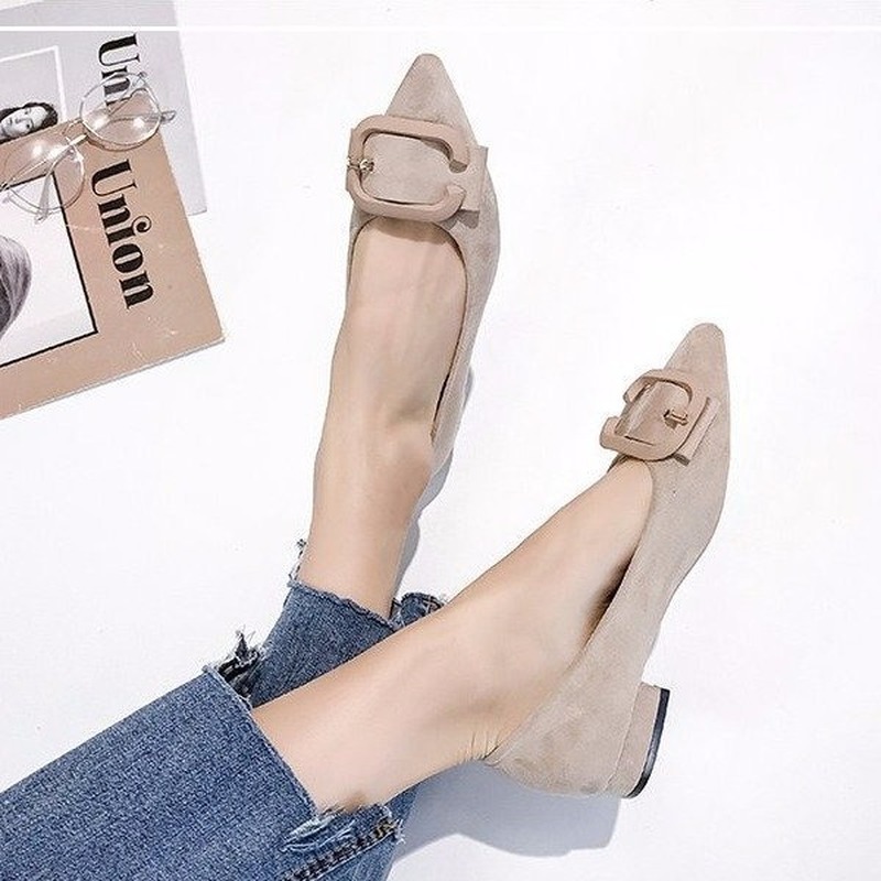 

Pointed Toe Casual Shoes New Spring Autumn Women Shoes Woman Pumps Slip on Shallow Square Buckle Thick Heel Sexy Ladies Shoes, Black