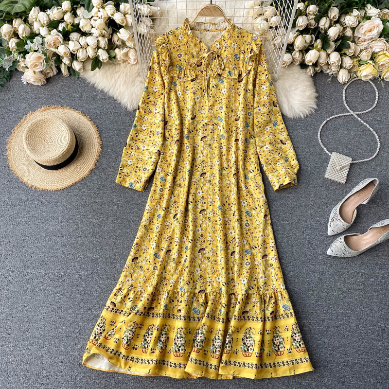 

2021 New Chiffon female floral printing long-sleeve the line dressed autumn bow cord dress TJGM, Yellow.