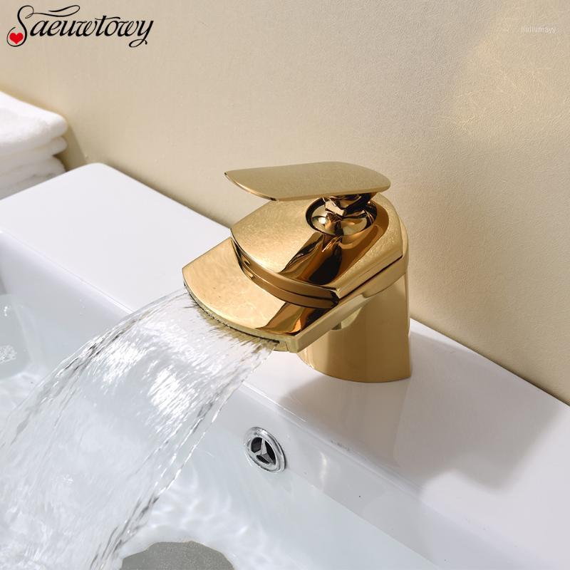 

Free Shipping Chrome Waterfall Out Basin Faucet Deck Mounted Brass Hot And Cold Faucet Bathroom Simple Sink Gold,1