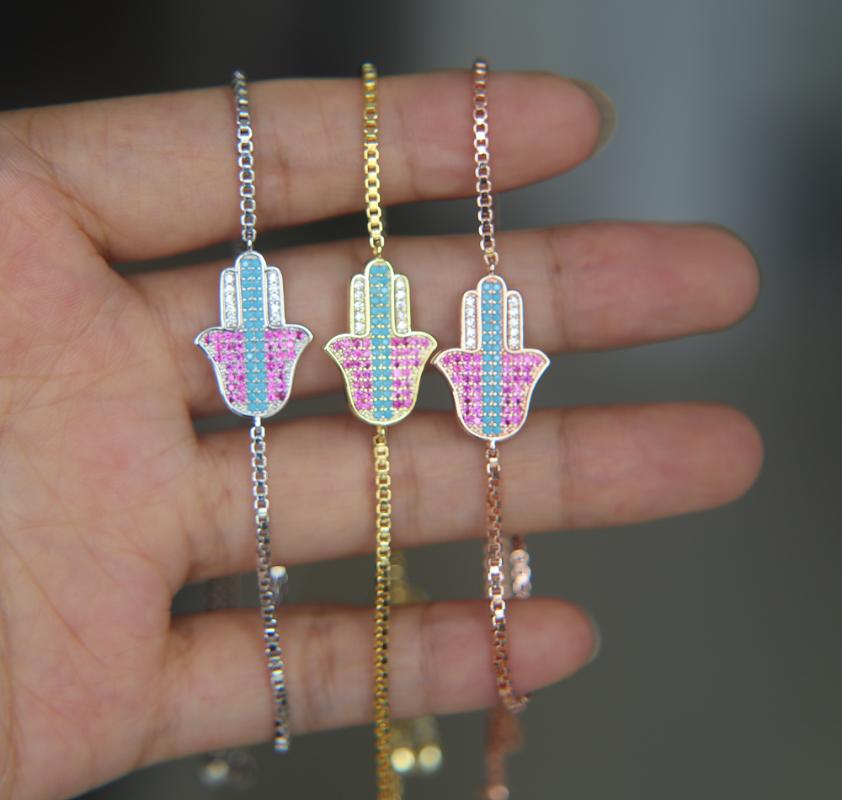 

Good Luck Charm Women Bracelet Turkey Hamsa CZ Fatima Hand Symbol Handmade Jewelry Colorful Hand Shape Bracelet Accessories