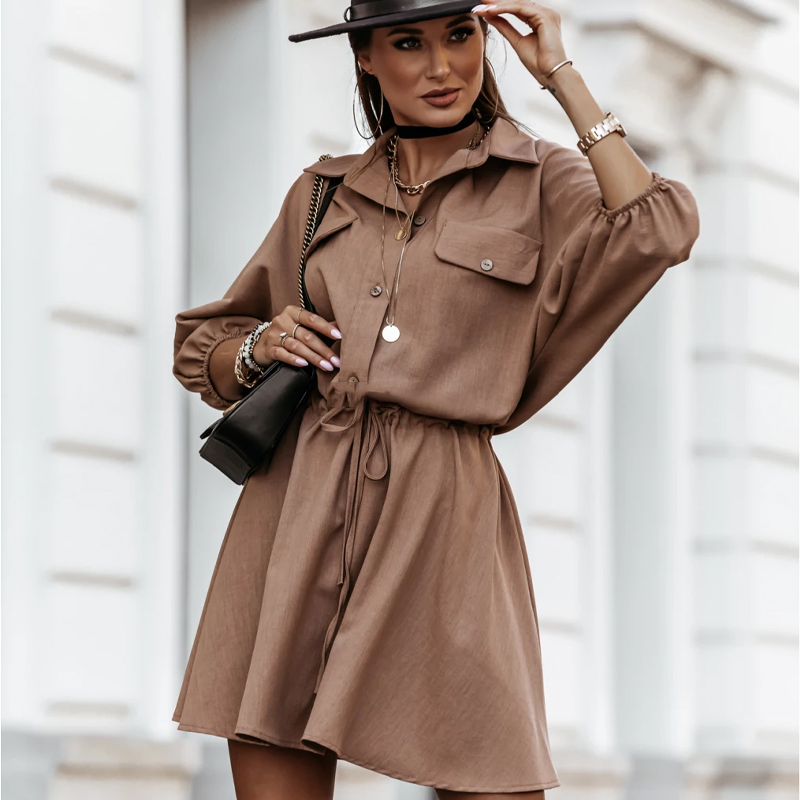 Women New Casual Mini Dress Elegant Solid Turn-dowm Collar Batwing Sleeve Loose Drawstring A-line Party Dress Vintage Streetwear-image-603512367