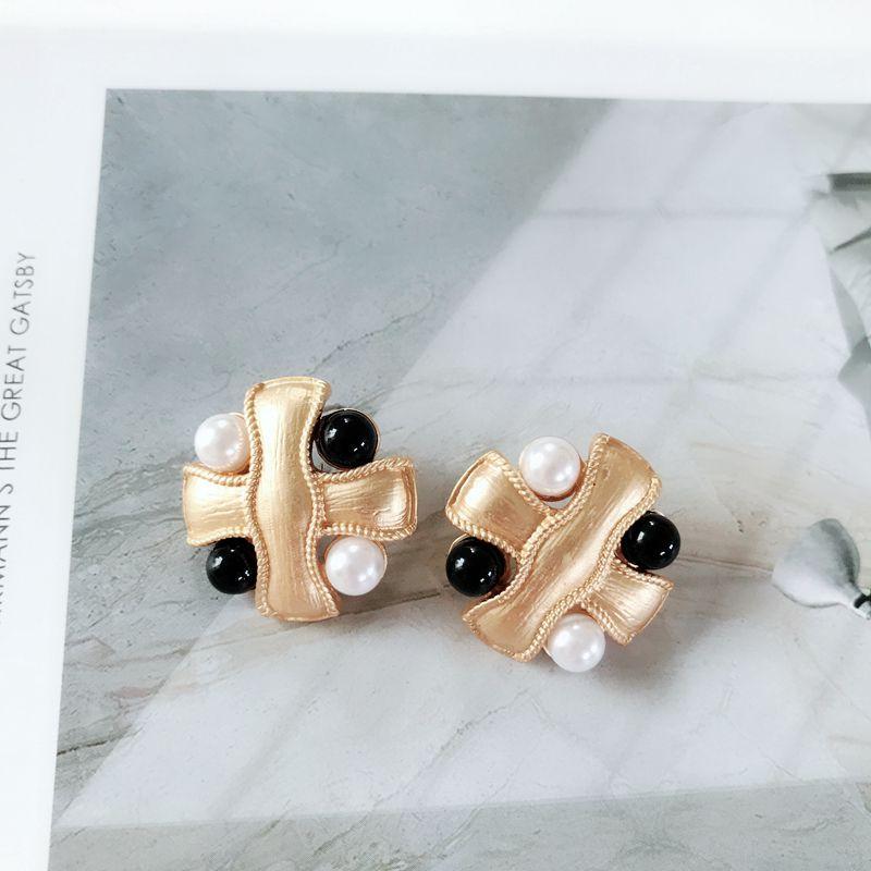 

New Sweet Cross Pearl Black Beads Alloy Earring Geometry Gifts