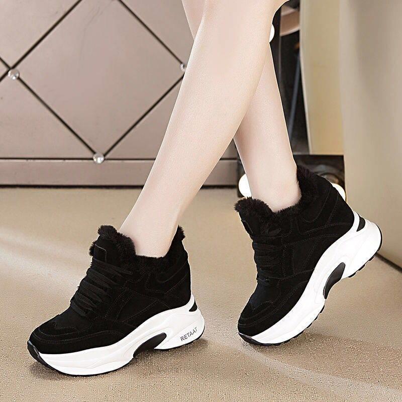 

2021 Women Platform Plush Lace Up Snow Boots Winter Woman Boots Ladies Warm Fur Vulcanized Shoes, Black