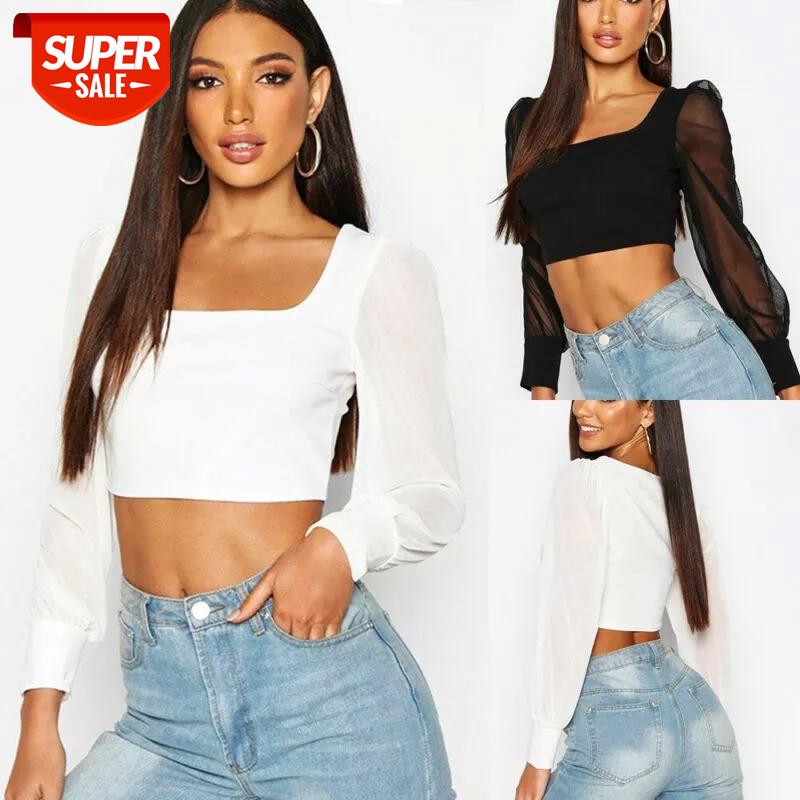 

Autumn Square Collar Sexy Women's See through Lace Mesh Sheer Puff Long Sleeve Crop Top T Shirt Solid Color Short Tee Casual #zl5U, White