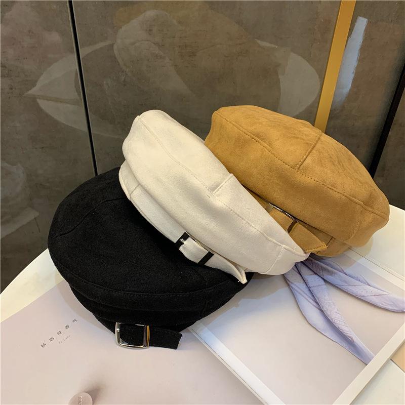 

202101-JINXI new spring Button decoration Suede SOLID beret hat men women Leisure painter hat, Black