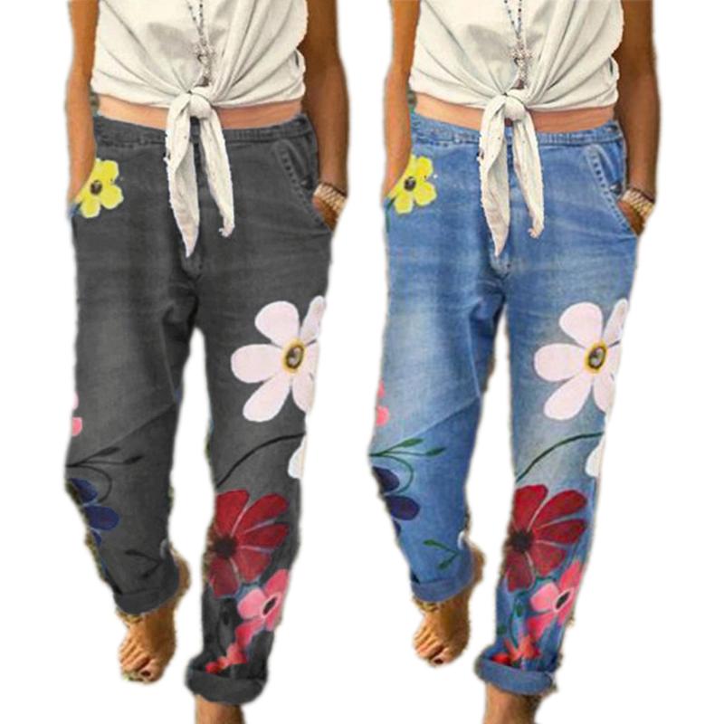 

Fashion Chic Women Denim Pants Floral Printed Casual Girl Jeans Flower Straight Vintage High Street Trousers for female jeans, Blue