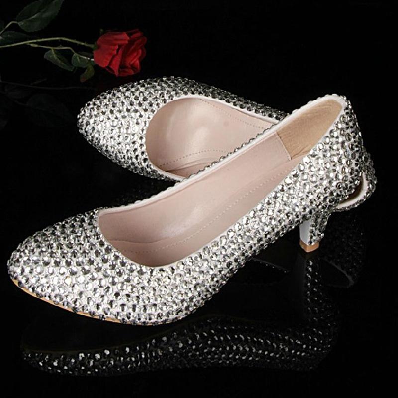 

Spring Prom Party Pumps Stiletto wedding Shoes Discount Bridesmaid Dress Shoes Silver Middle Heel Rhinestone Bridal