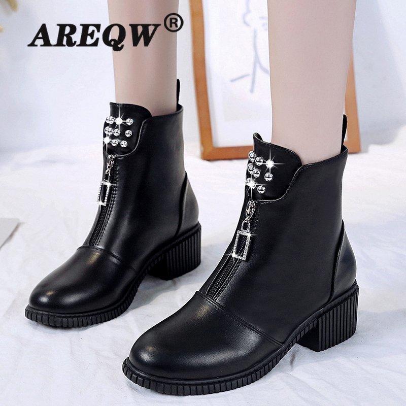 

2020 Winter Women's Boots Fashion Zipper Short Boots Plus Velvet Warmth Pointed High Heel Platform Rhinestone Women Ankle1, Black