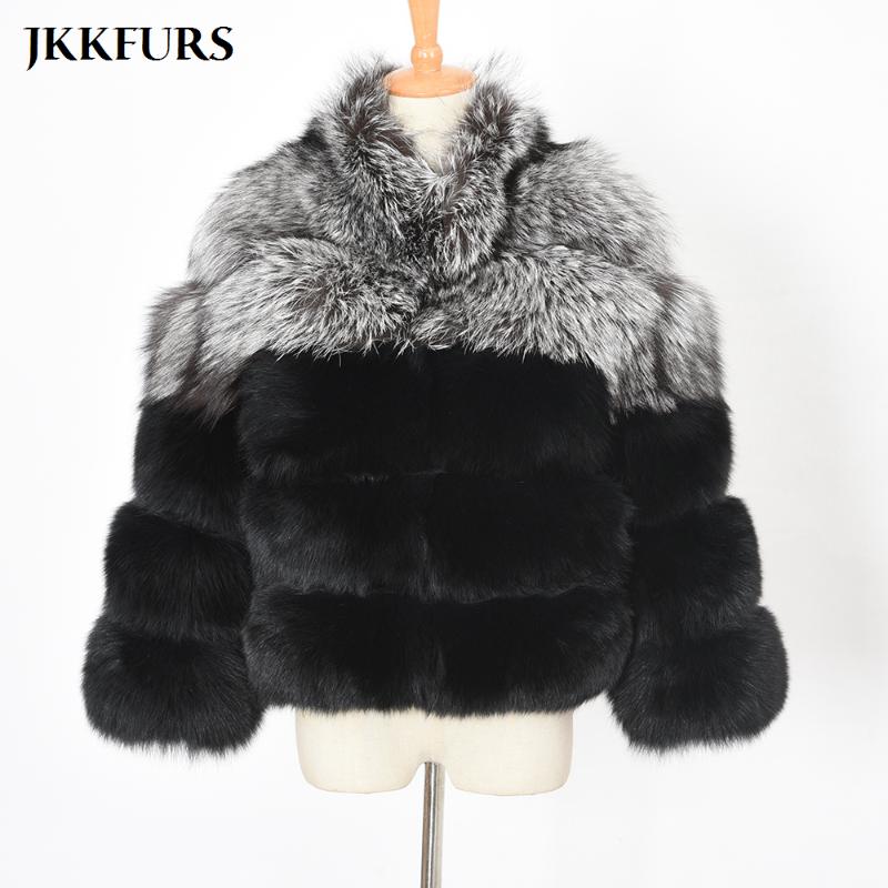 

New Arrivals Women's Real Fur Coat Silver Mix Black Fur Jacket Fashion Lady Natural Outerwear Winter Warm S7863, As picture