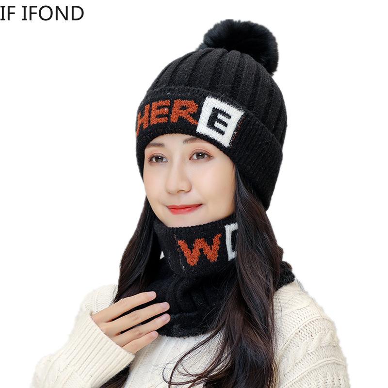 

Winter Women's Big Fur pom poms ball knitted Beanies Hats Thick Warm scarf hat Outdoor Ski Riding Sets bonnet, Black