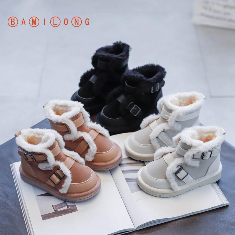 

BAMILONG New Korean Boys Plush Thermal Cotton Shoes Children's Snow Boots 2020 Winter Girls' Plush Buckle Boots B462, Black