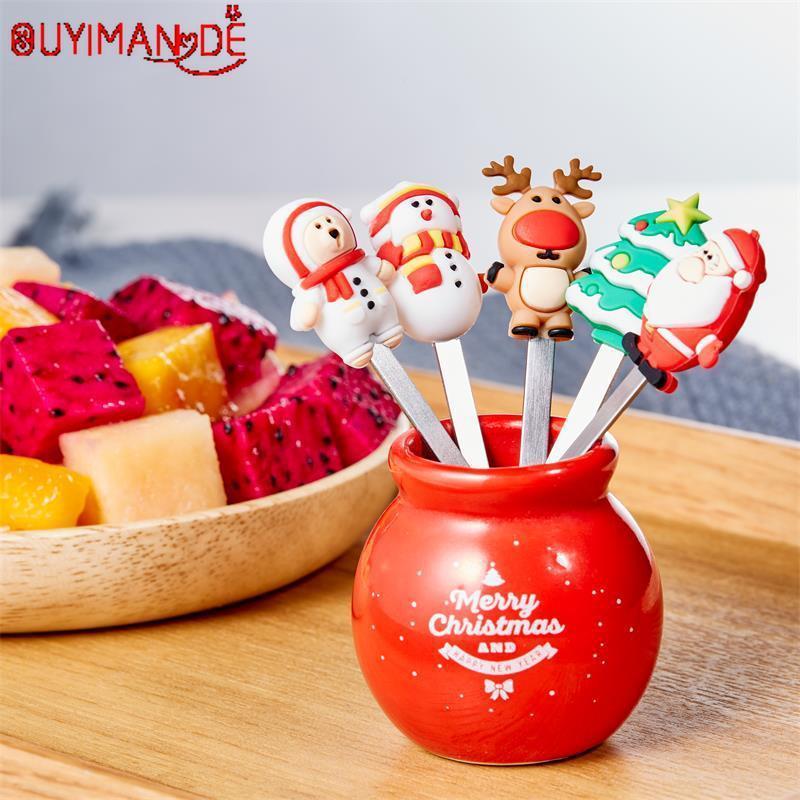 

Exquisite Christmas Gift Fruit Fork Creative Stainless Steel Fruit Sign Cartoon Environmental Protection Silicone Fork1