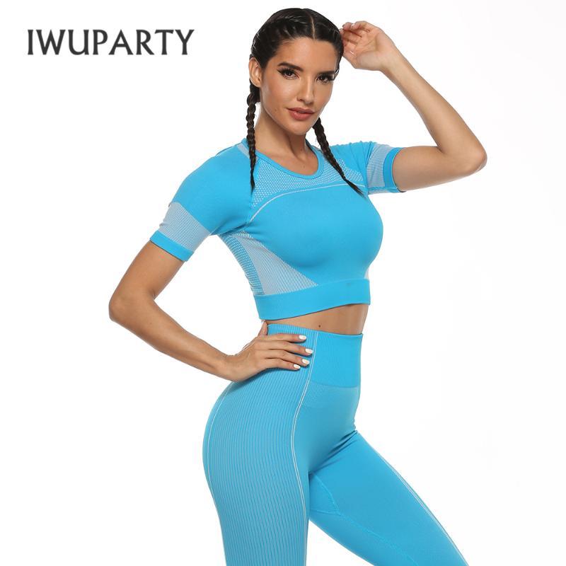

Women Seamless Yoga Set Fitness Sports Suits Gym Clothing Backless Crop Top Shirts High Waist Running shorts Workout Pants, Blue shorts