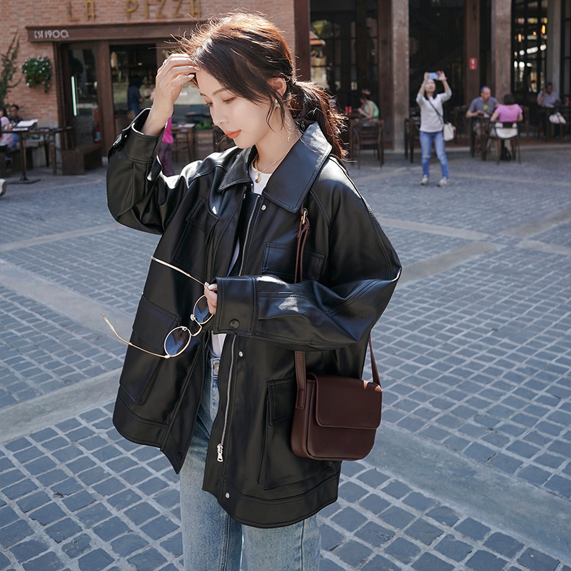 

2021 New Female Autumn Released Black Plutonium Leather Streetwear Pockets Turn Down Collar Jacket Outwear 6QIP