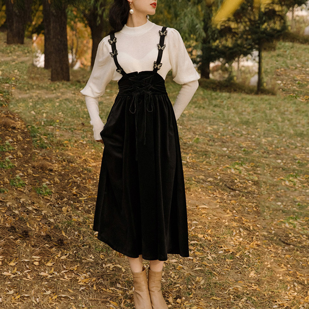 

2021 Back Two Sets of Autumn Pieces Fashion Temperament Around the Neck Puff Sleeve Butterfly Waist High Bandage Suit Kjop, Black