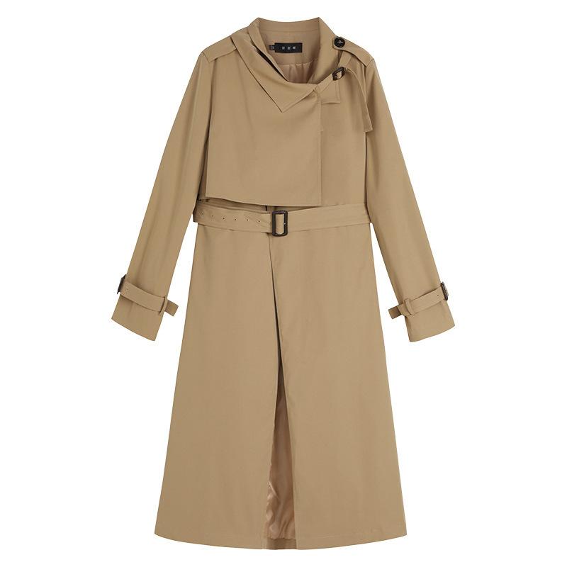 

Large size custom windbreaker new autumn and east season fat mm fashion wild loose temperament mid-length jacket female trend, Khaki