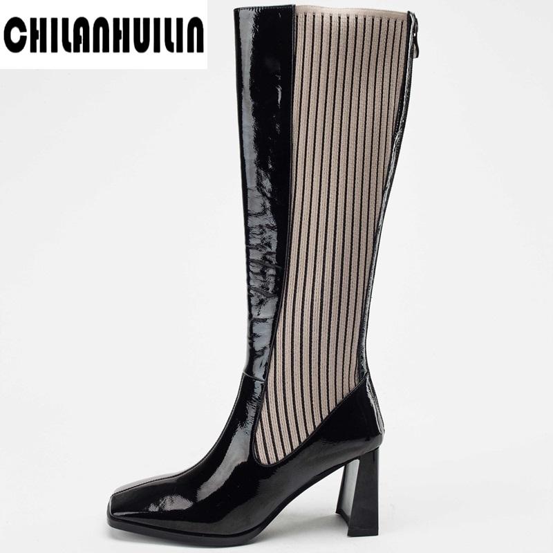 

new autumn winter boots for women's leather knee high boots woman black apricot slim warm shoes woman elastic botas altas mujer