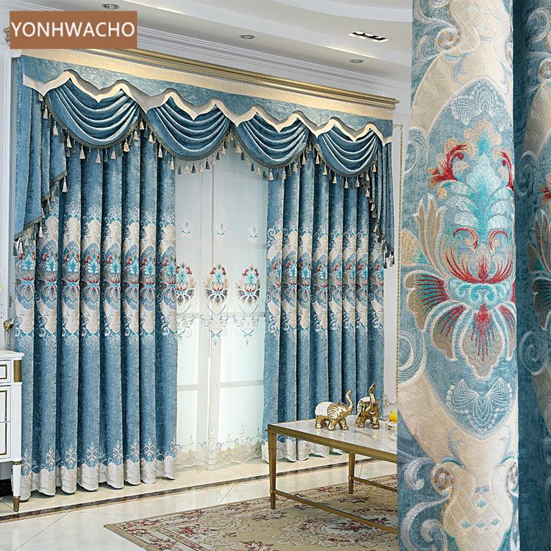 

Custom curtains European living room chenille shading embroidery blue thick cloth blackout curtain tulle valance drape C358, Tulle sheer