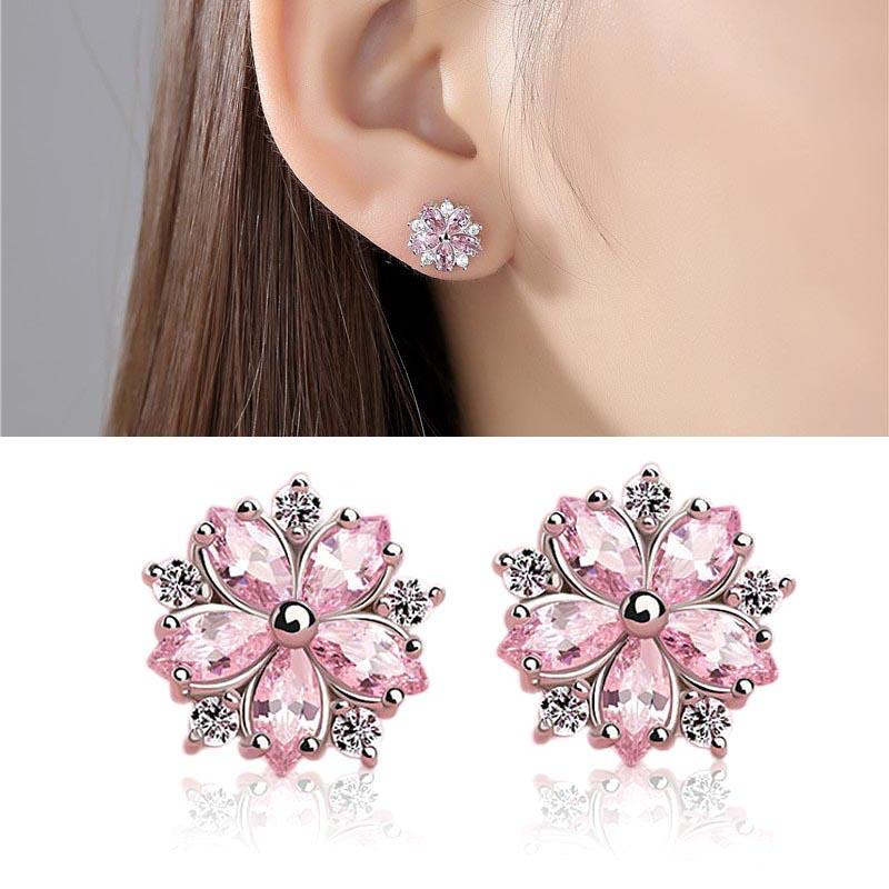 

Stud Earrings Crystal 1 For Women Fashion Pair Korean Style Pink Sterling Jewelry Accessories Sakura Flower