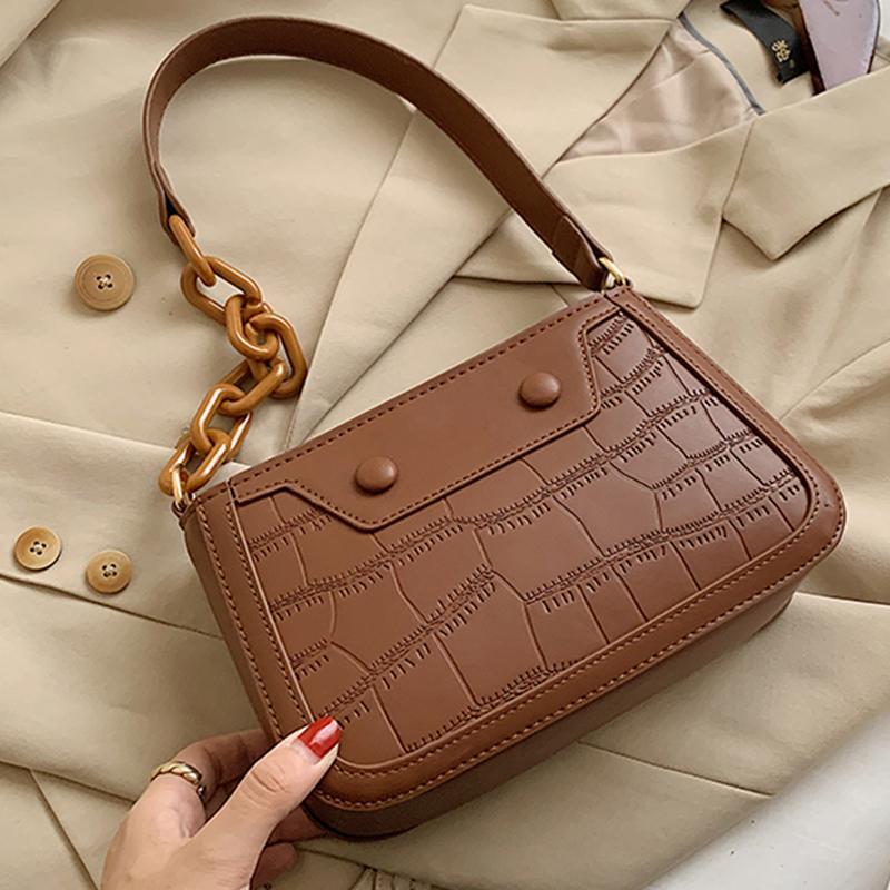

Stone Pattern PU Leather Shoulder Bags For Women 2021 Designer Chain Hand Strap Fashion Small Crossbody Bag Simple Flap Handbag, Black