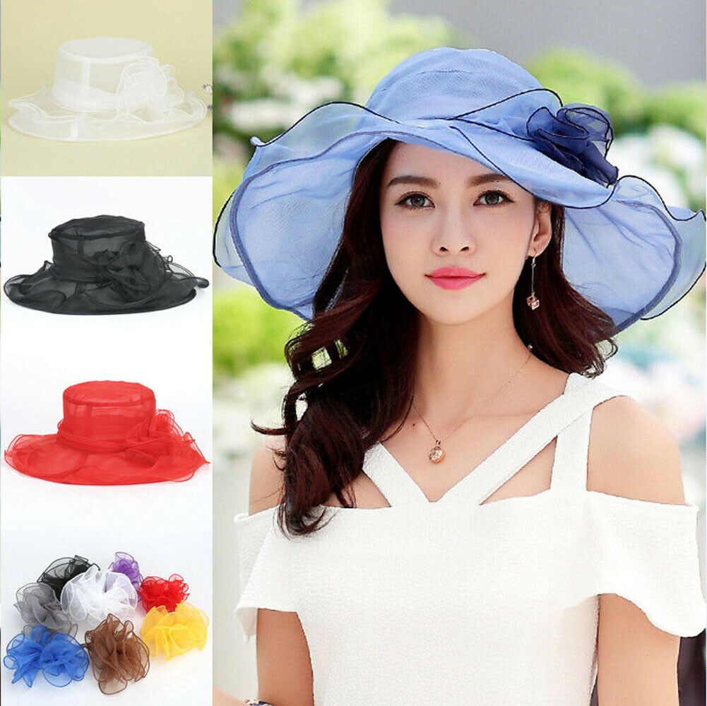 

Ladies Vintage Gauze Hat FlowWomen Ladies Summer Wedding Fedoras Hat Wide Brim Lace Floppy Beach Sun Foldable Cap, White