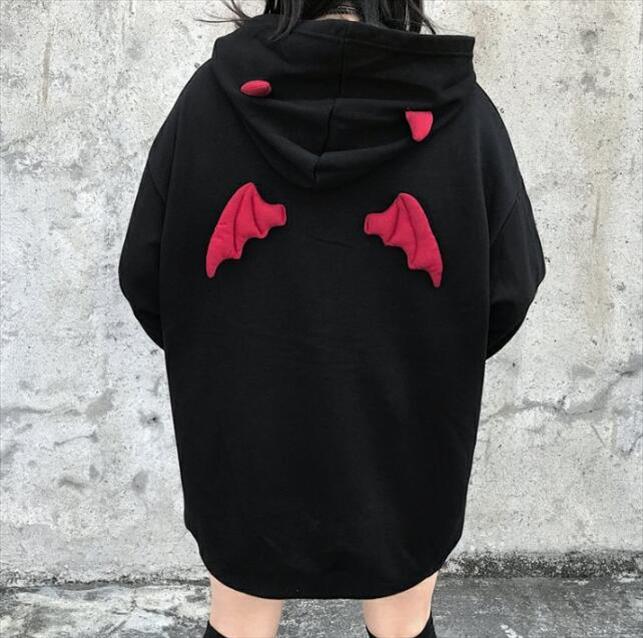 

new autumn and winter little devil wings letter embroidery loose plus velvet sweatshirt drop shipping good quality, Black