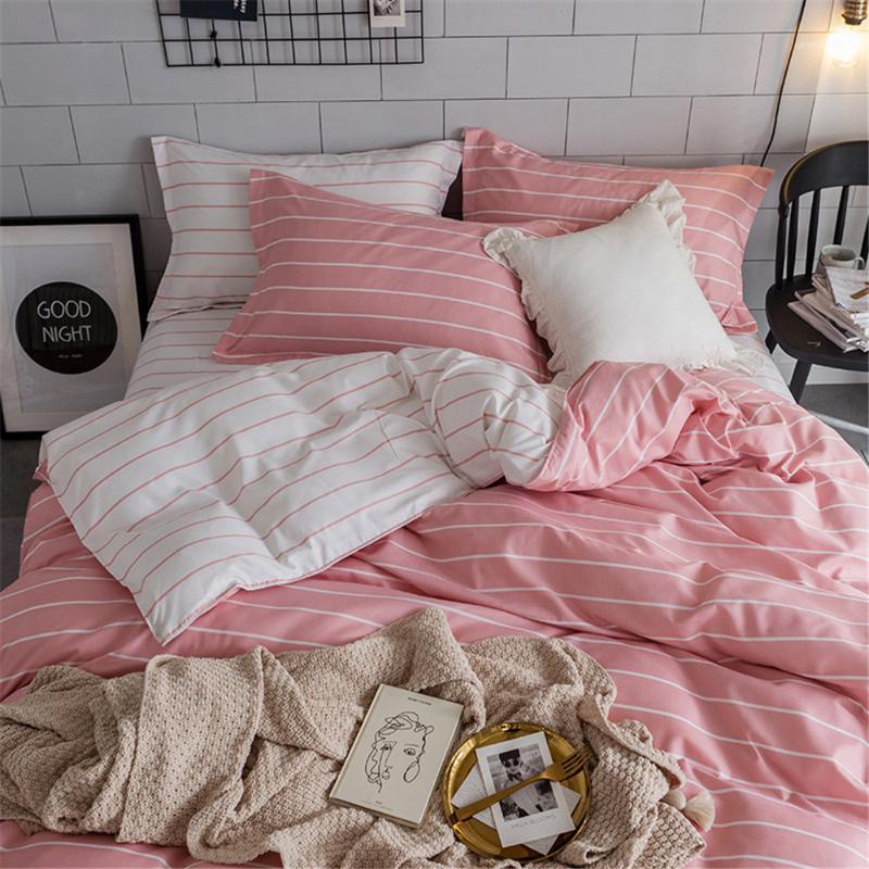 

Simple King Size Bedding Set Home Textile Bed Duvet Cover Queen Pink White Stripe Comforter Bed Sets for Girl1