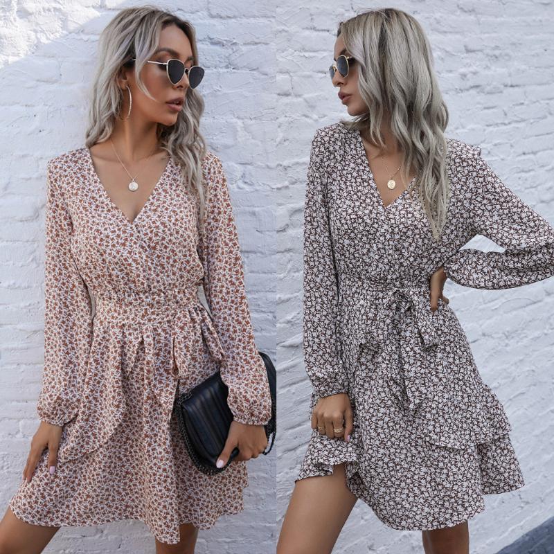 

Elegant Women Floral Dress Long Sleeve Sexy V Neck Robe Female Party Vestidos Women Streetwear Casual Bandage Mini Dresses