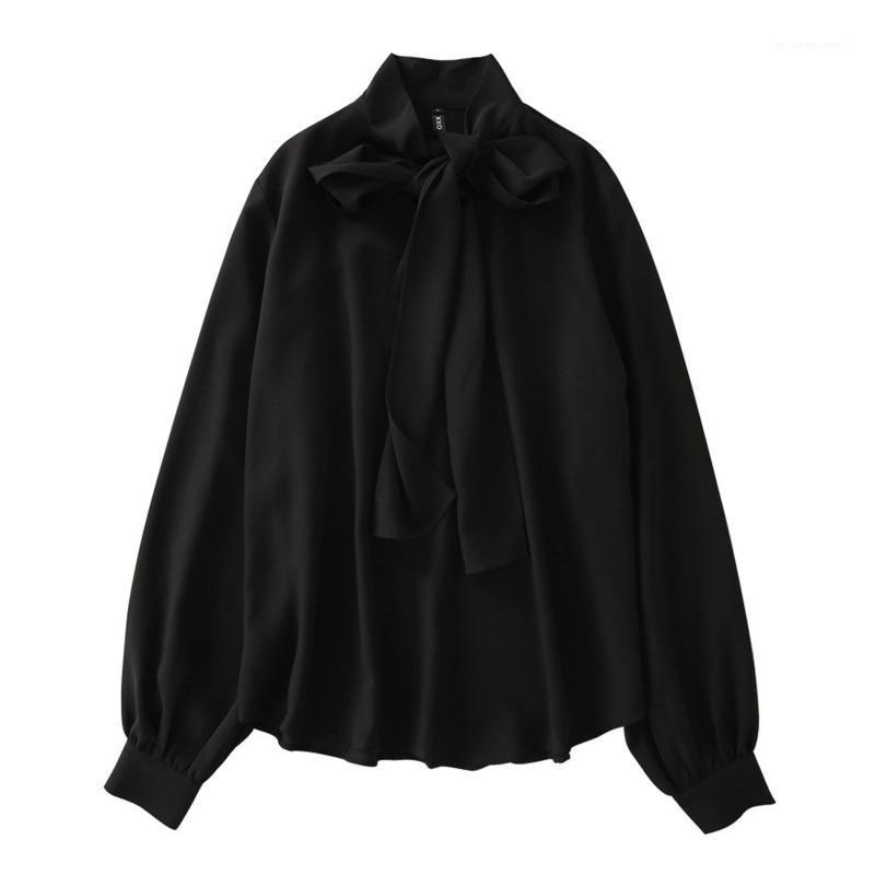 

Lazy Wind Early Autumn Ribbon Collar Black Shirt Women' Open Shoulder Collarbone Top Retro Style Shirt1, As pic