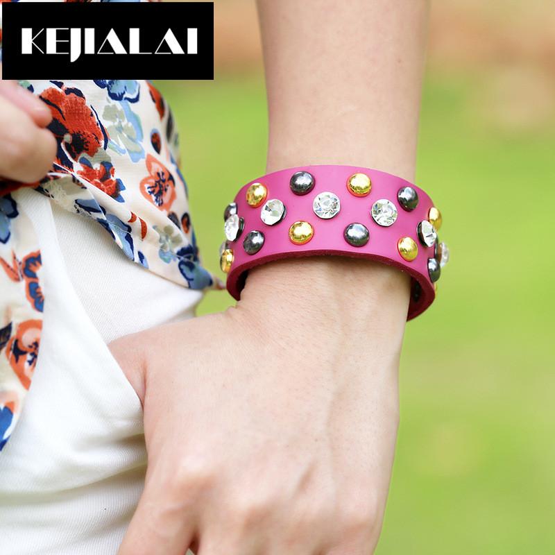 

KEJIALAI Geniune Leather Bangles & Bracelets Metal Beads Paved Full Rhinestone Crystal Simple Style Punk Jewelry Men Women