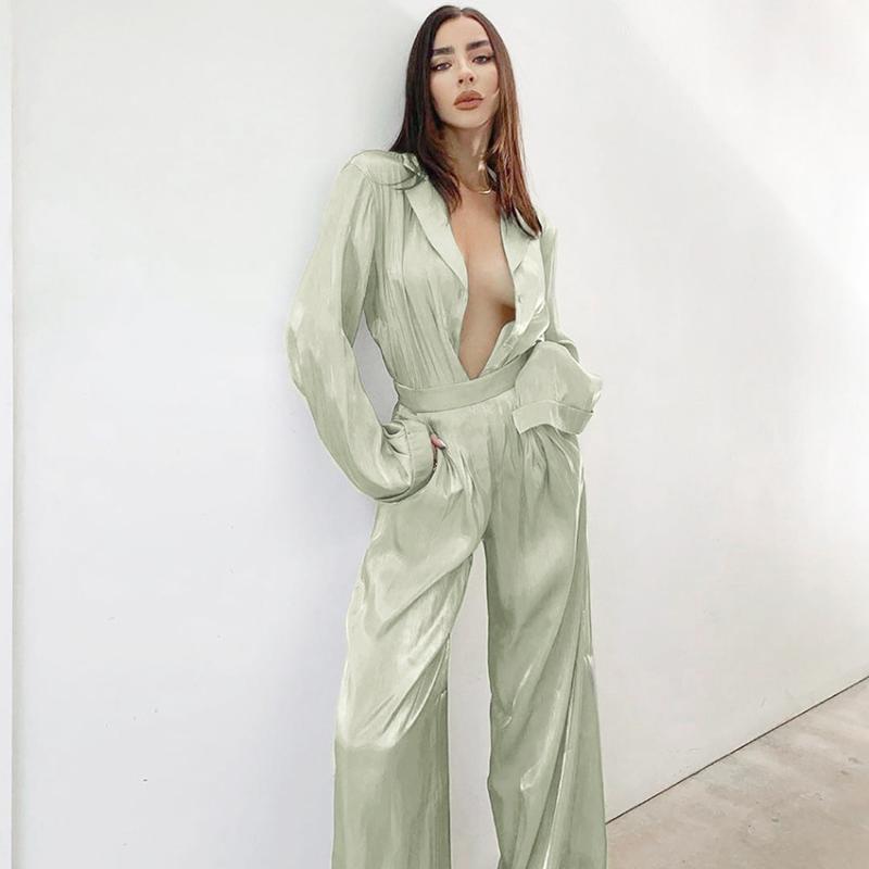 

Two Piece Pants Set Women Satin Shirt Set 2021 Autumn New Fashion Temperament Long-Sleeved Top And Trousers Female 2 Pieces Suit, Green