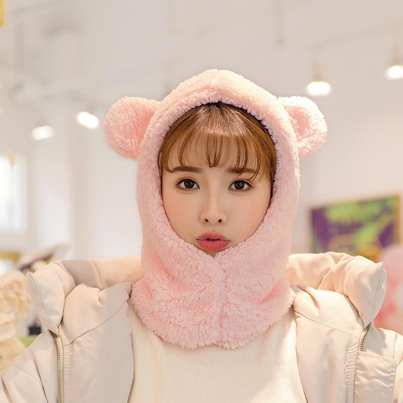 

2020 Winter Women Novelty Caps Warm Cute Bear Ear Hat Casual Plush Hat Gloves Set Casual Solid Fleece Women Caps, Black