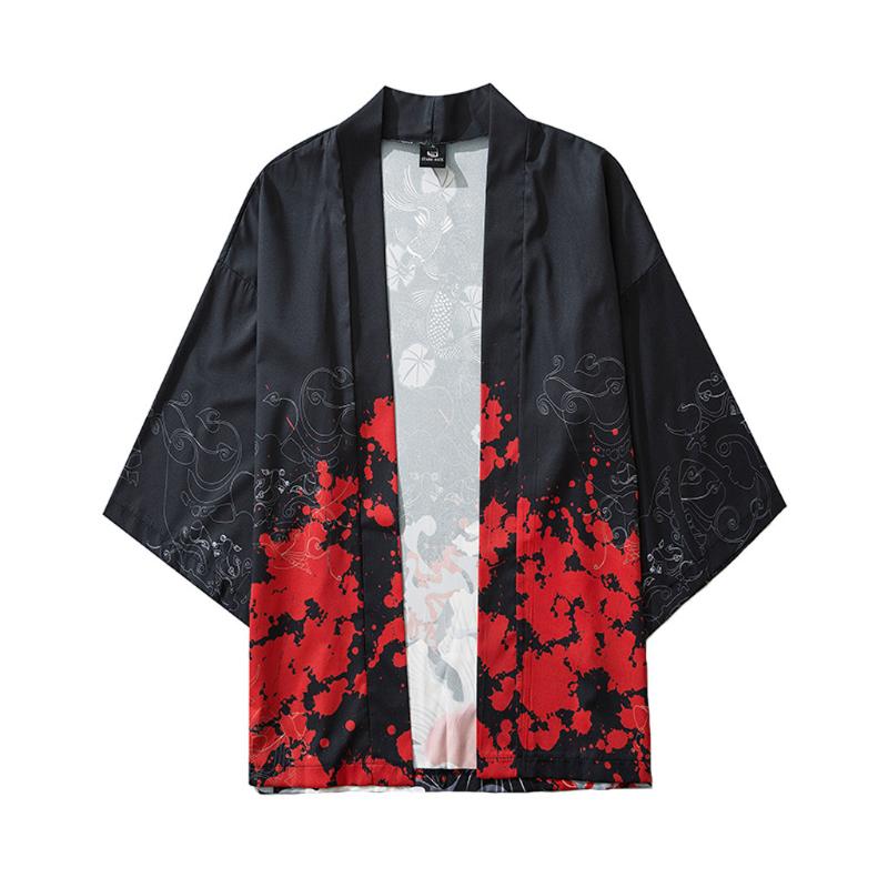 

Summer Japanese Five Point Sleeves Kimono Mens And Womens Cloak Jacke Top Japanese Ethnic Traditional Unisex Thin Loose Blouses, Black