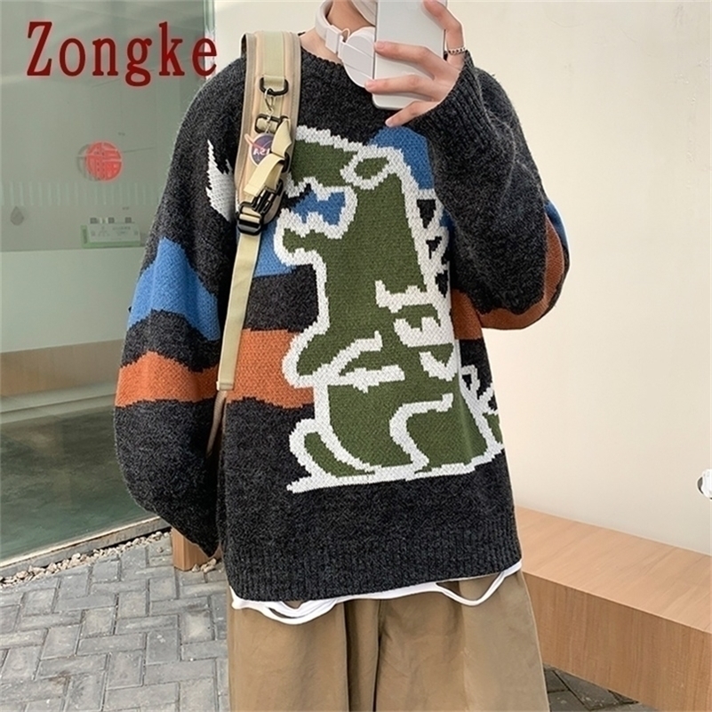 

Zongke Knitted Sweater Men Winter Mens Clothes Pullover Mens Sweaters White Harajuku Sweater Little Monster Print -2XL 201201