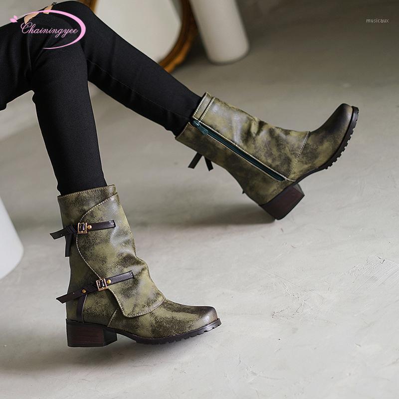 

Casual style round toe mid-calf boots fashion pleated buckle zipper green khaki beige medium heel motorcycle boots women's shoes1
