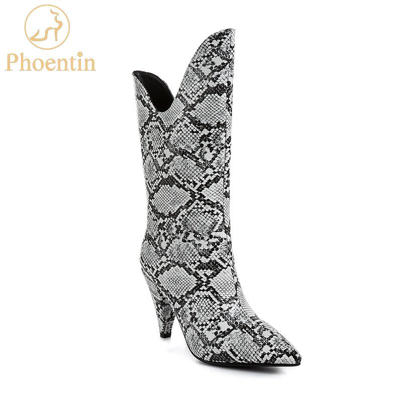

Phoentin 2020 new arrival snake print booties spike high heels v shape top pointed toe pu leather slip on mid calf boots FT710, White