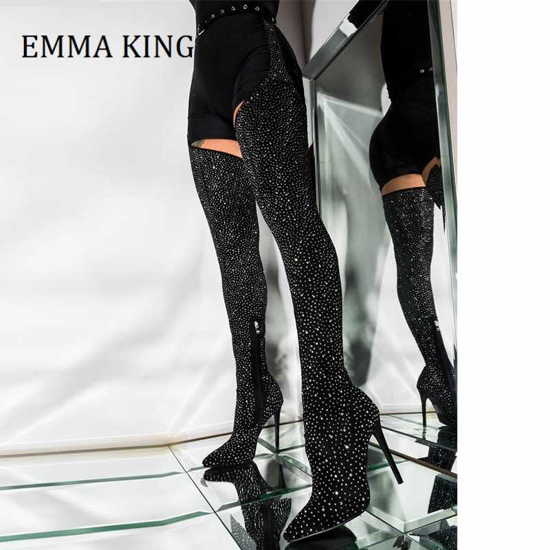 

Autumn Women Belted Thigh High Stiletto Chap Boots Fall Crystal Elastic Over The Knee Botas Pointed Toe Buckle Strap Woman Shoes, Black
